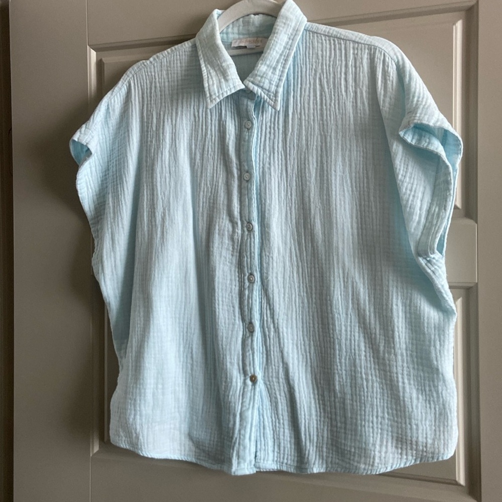 Olivaceous powder blue short sleeve cheesecloth top, gently used.